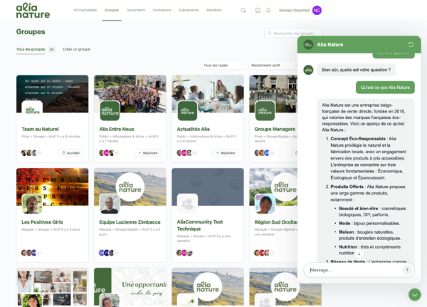 Screenshot of Alia Community website with the chatbot open
